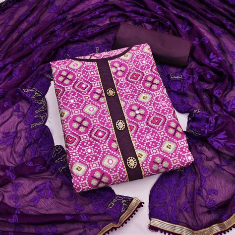 Purple Printed With Embroidered Cotton Blend Dress Material