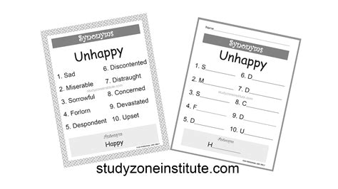 Unhappy synonyms: Download FREE poster and worksheet - Study Zone Institute