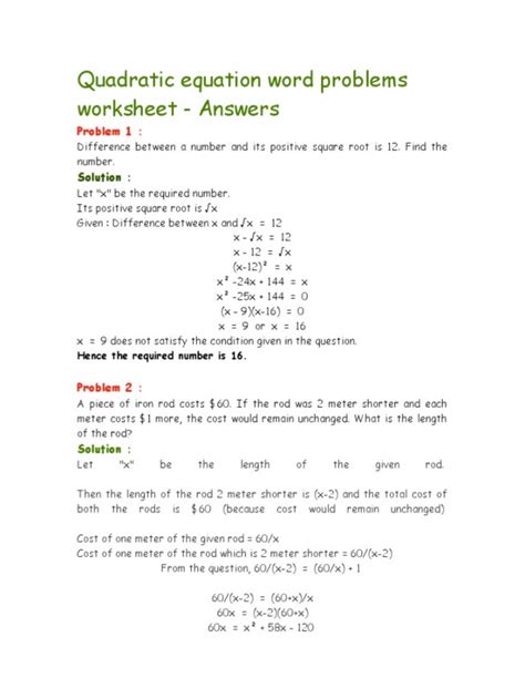 Image result for Quadratic Word Problems Worksheet PDF