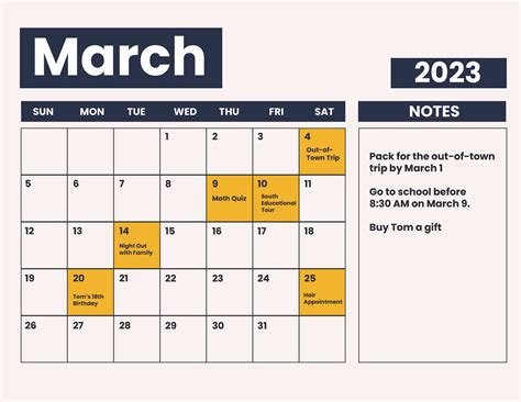 March 2023 Calendar Template in Google Docs, PSD, Illustrator, Pages ...