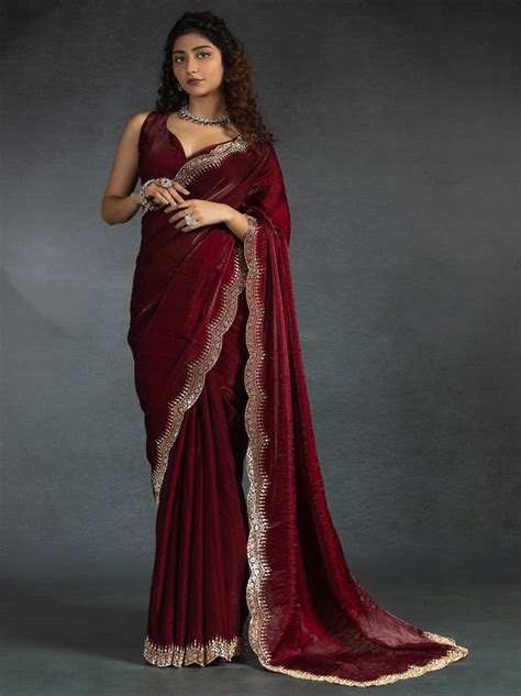 Mahogany Red Satin Silk Party Saree Embellished With Zircon Handwork On ...