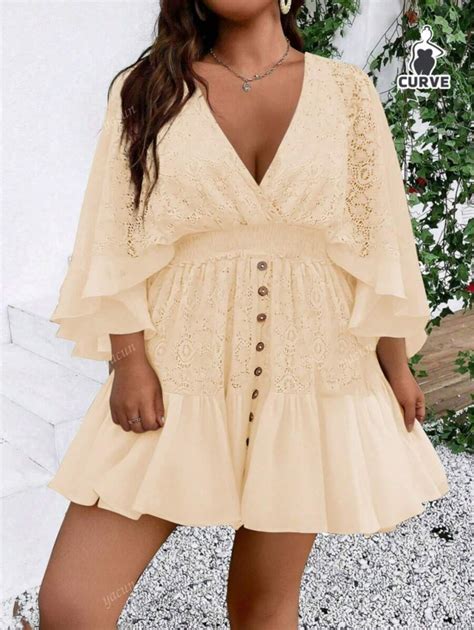 Plus Size Women Vacation Contrast Lace Deep V-Neck Batwing Sleeve ...