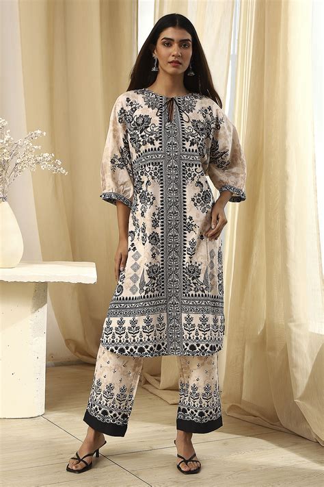 Buy Off-White and Black Pure Cotton Printed Kurta Set Online at Biba Global