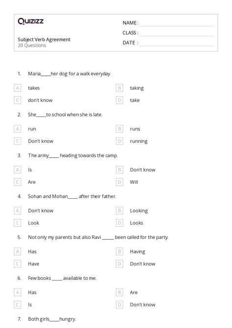 50+ Subject-Verb Agreement worksheets for 7th Class on Quizizz | Free ...