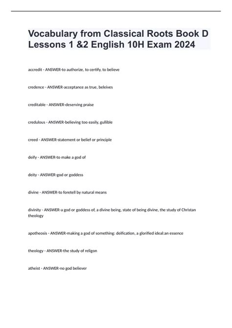Vocabulary from Classical Roots Book D Lessons 1 &2 English 10H Exam ...
