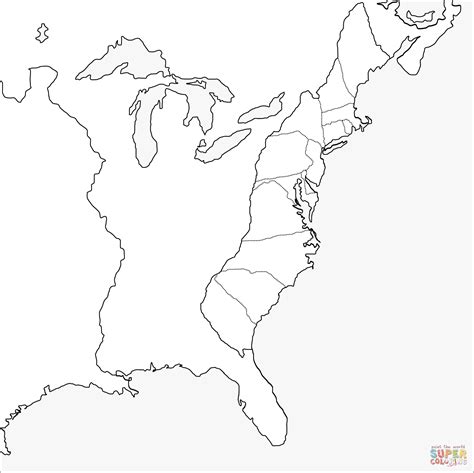 Thirteen Colonies Blank Map | Super Coloring | Thirteen colonies, 13 ...