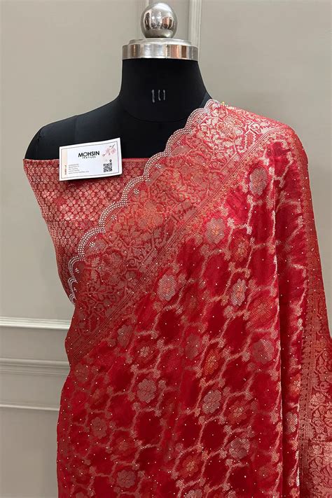 Red Resham Zari Siroski Stone Cotton Silk Banarasi Saree – Mohsin Textiles