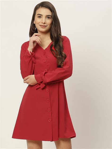 Berrylush Women Solid Red V-Neck Front Button-Up Crepe Flared Mini Shi