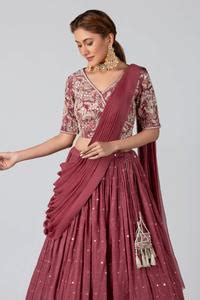 Buy Purple Crepe, Georgette Mirror, Thread Work V Neck And Embroidered ...