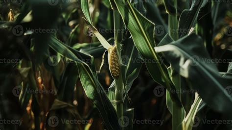 A tall stalk of corn its deep green husk revealing the tips of golden ...