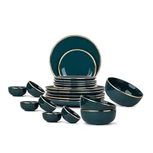 Shay Ceramic Dinner Set, 21 Pcs, Teal Gold | Shay Goldline Series ...