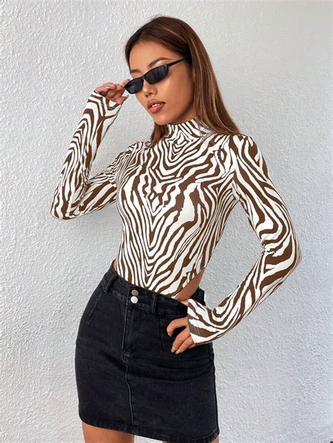 SHEIN BAE Zebra Striped Mock Neck Bodysuit | SHEIN USA