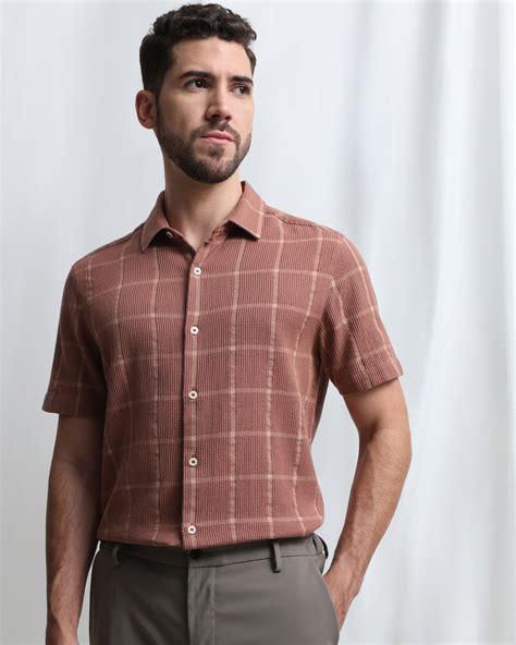 Buy Brown Dobby Check Slim Fit Casual Shirt Online at Muftijeans
