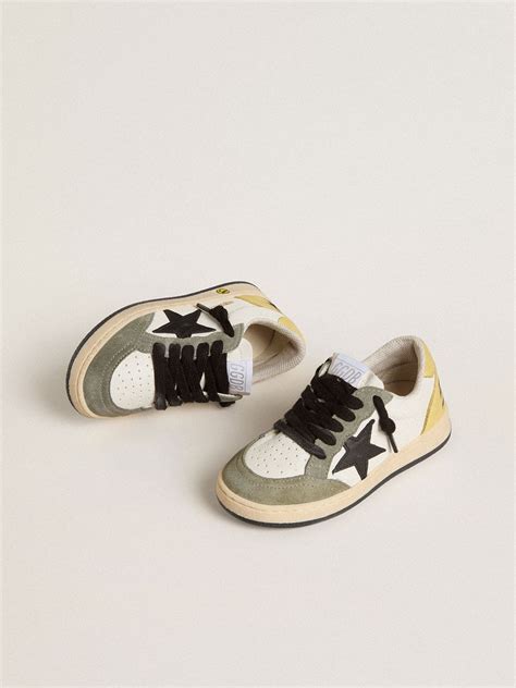 Junior Ball Star in white nappa with dark green suede inserts and black ...