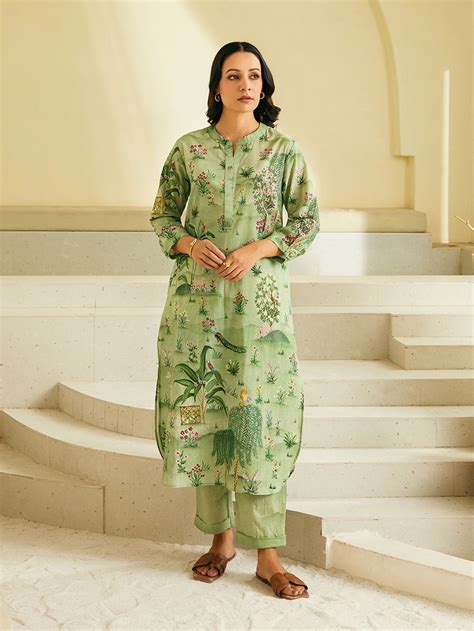 Green Printed Cotton Kurta with Pants - Set of 2