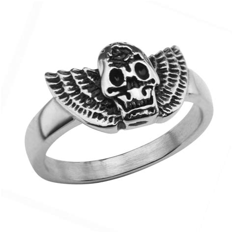 Buy Antiqued Silver Tone Stainless Skull with Wings Ring Online - INOX ...