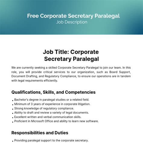 Free Corporate Secretary Paralegal Job Description Template to Edit Online