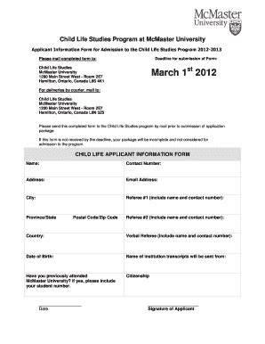 Fillable Online fhs mcmaster Child Life Studies Program at McMaster ...