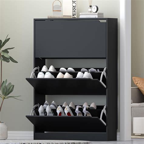 Shoe Storage Cabinet for Entryway, Black Shoe Cabinet with 3 Flip ...