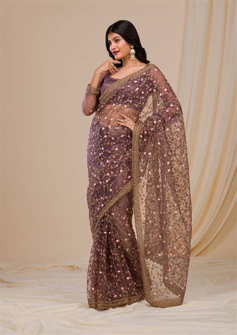 Buy Lavender Stonework Net Saree - Koskii