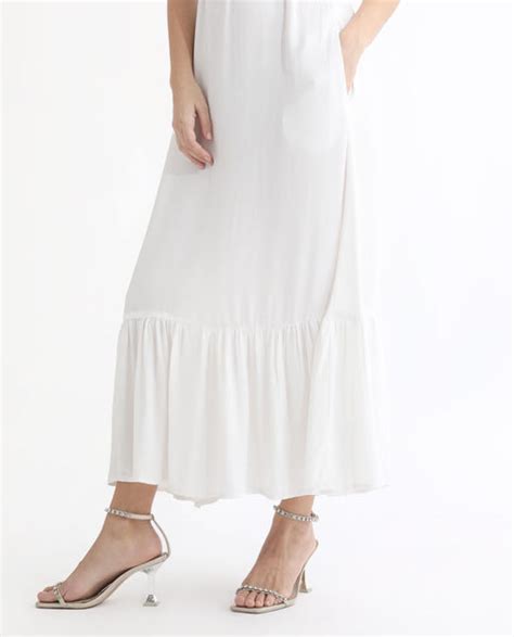 Rareism Women's Lilies White Viscose High Neck Plain Sleeveless Maxi R