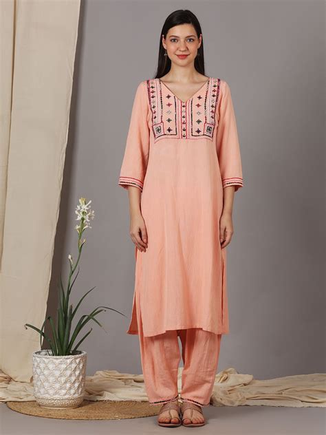 Dharya peach-front-multi-colored-embroidered-kurti-with-salwar-set