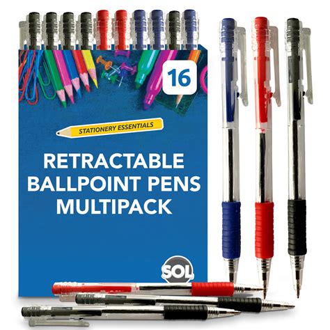 Sol 16pk Retractable Ballpoint Pens Multipack Smooth Writing Biros ...