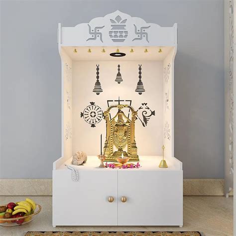 White Wooden Floor Pooja Mandir with Kalash & Swastik Design Laser-Cut ...