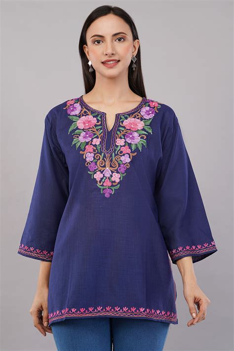 Buy Midnight Bloom Kashmiri Kurti – Multicolour Aari Embroidered Cotton ...