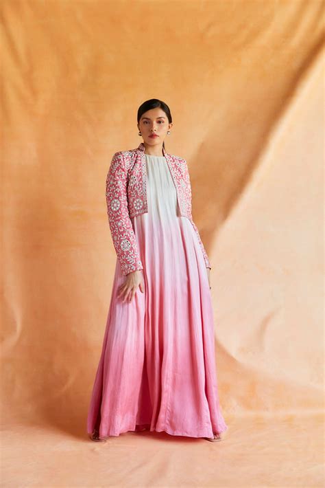 Pink and white ombre maxi with embroidered crop jacket