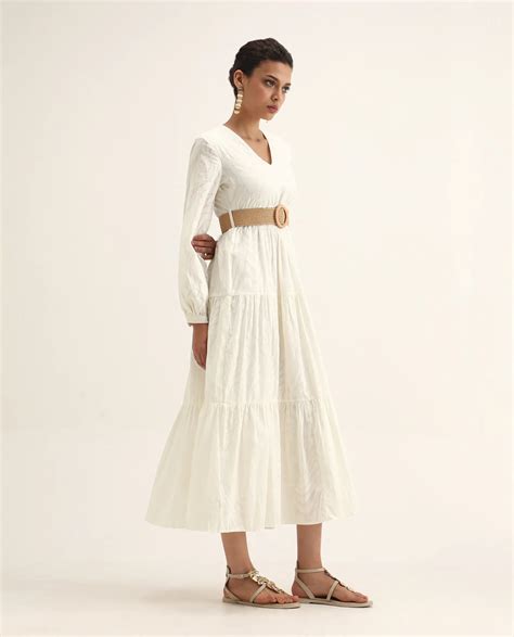 Rareism Women's Janco Off White Cotton V-Neck Plain Bishop Sleeve Maxi