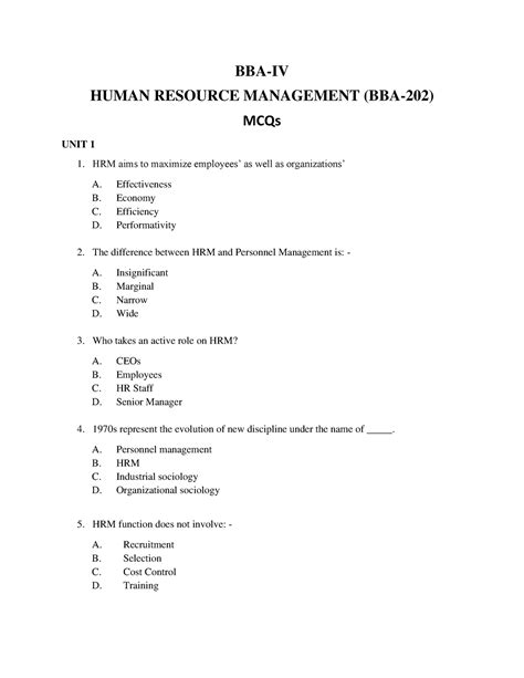 HRM MCQs BBA IV - its lecture notes - BBA-IV HUMAN RESOURCE MANAGEMENT ...