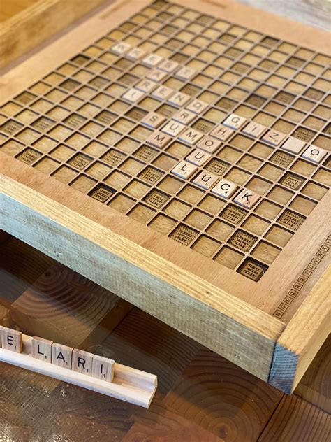 Rustic Wooden Scrabble Board with Rotating Lazy Susan - letter tiles a ...