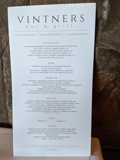Menu at Vintners Bar & Grill, Angaston, 752 Stockwell Rd