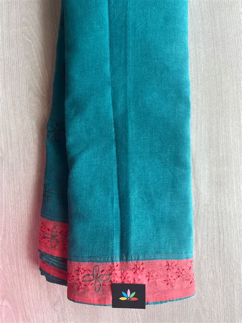 Teal Blue Hand Embroidered Chikankari Voile Cotton Saree-29186 – FABK