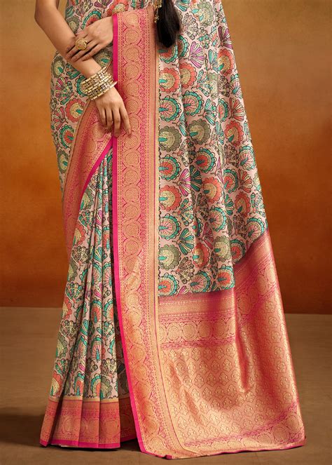 Multicolor Woven Banarasi Silk Saree With Kalamkari Print – Zari Banaras
