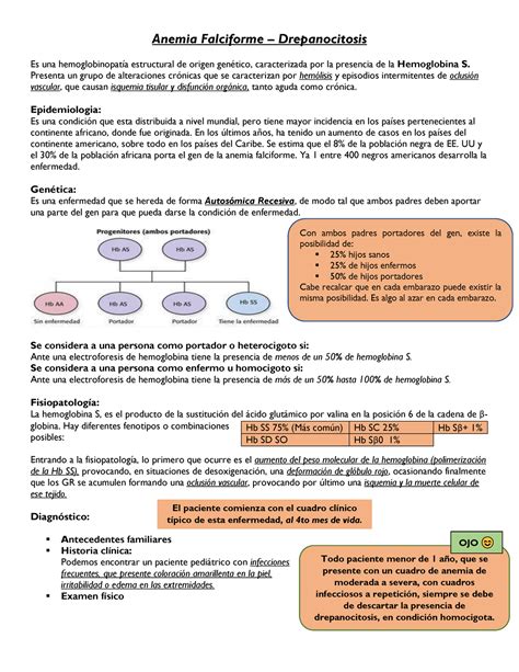 Anemia Falciforme - apuntes - Anemia Falciforme – Drepanocitosis Es una ...