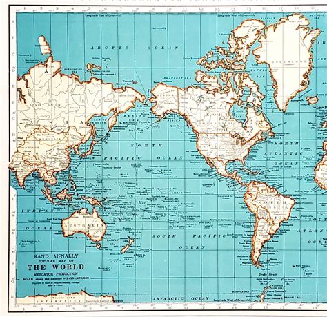 1939 World Map Mercator's Projection North America Asia Africa ...