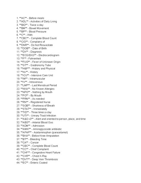 Medical- Abbreviations - AC - Before meals ADL - Activities of Daily ...