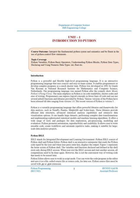 Python Programming - Lecture Notes (BCC302) Unit 1: Introduction to ...