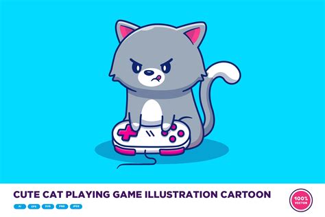 可爱的游戏猫卡通插画 Cute Cat Playing Game Illustration Cartoon – 设计小咖