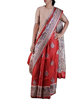 Buy UNNATI SILKS Women Red-Cream Pure Tussar Silk Madhubani Saree at ...