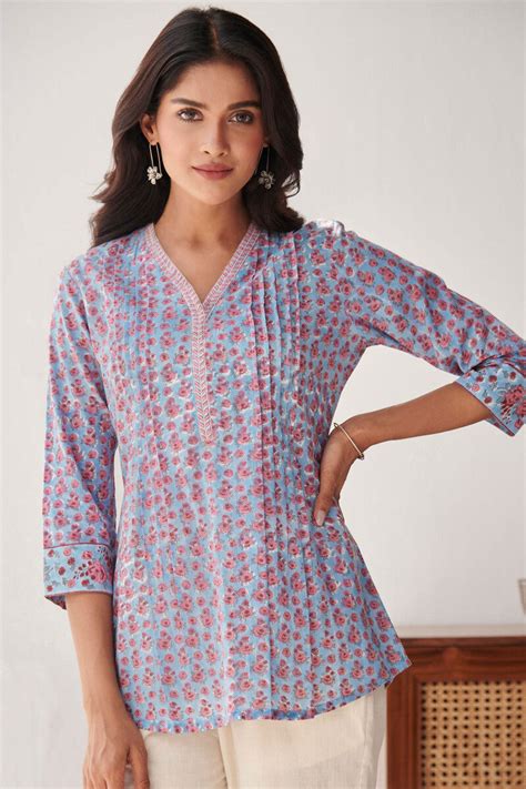 Buy Blue Hand Block Printed Cotton Top for Women | FGT22-108 | Farida ...