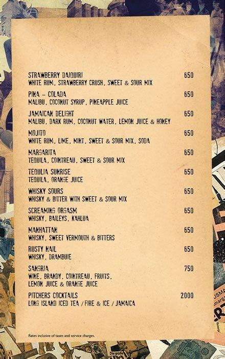 Menu at Steam and Whistles, Chennai
