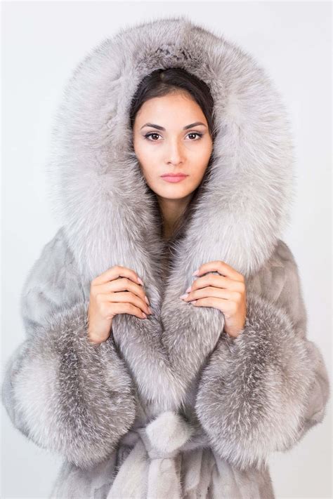 Gray Mink Coat With Silver Light Fox Hood, Real Mink Fur Coat, Real Fur ...
