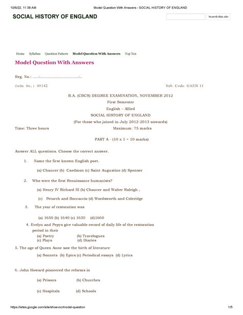 Model Question With Answers - Social History OF England - SOCIAL ...