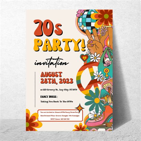 70 S Retro Party Invitation Template Editable Influential 70s Birthday