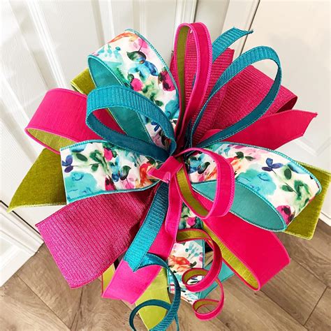 Luxury Floral Bow: Teal, Pink, and Green Wired Ribbon in 2025 | Door ...