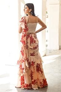 Buy Beige Georgette Printed Chevron Square Neck Pre-draped Ruffle Saree ...