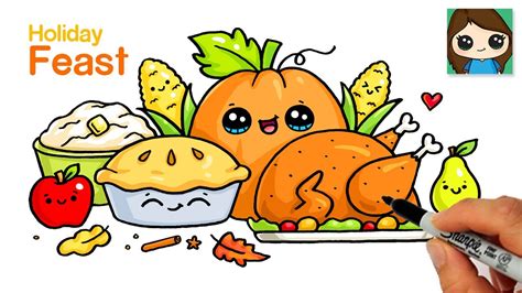 How to Draw a Thanksgiving Holiday Dinner Feast | Easy Food Art - YouTube
